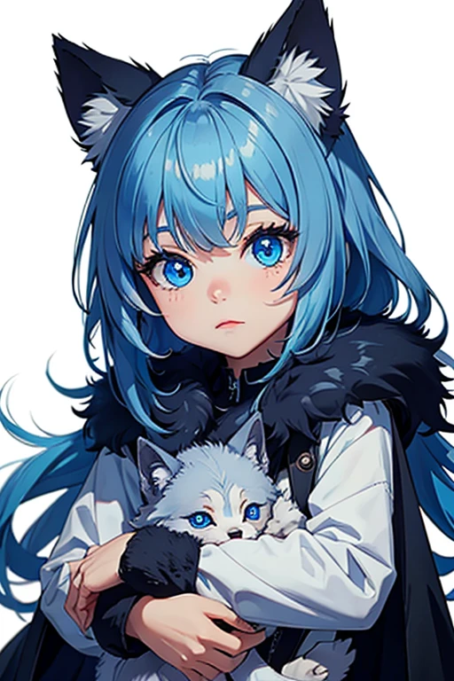A baby wolf with fur and blue eyes,
