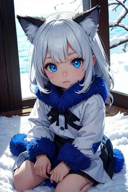 A baby wolf with fur and blue eyes,
