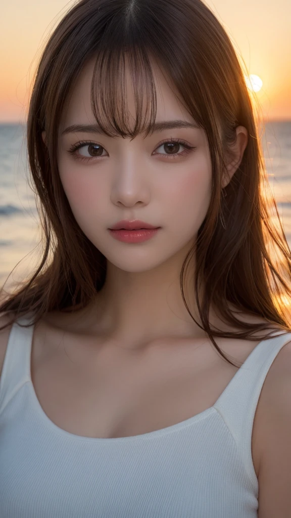 masutepiece, Best Quality, Illustration, Ultra-detailed, finely detail, hight resolution, 8K Wallpaper, Perfect dynamic composition, Beautiful detailed eyes, Wear a dress, Natural Color Lip,Beach, Random and cute poses, Kissing face,Close your eyes,Face Kiss Viewer,Perfect and beautiful face,Cute,Sexy face,Raise chin,Sunset,A face that felt ecstasy