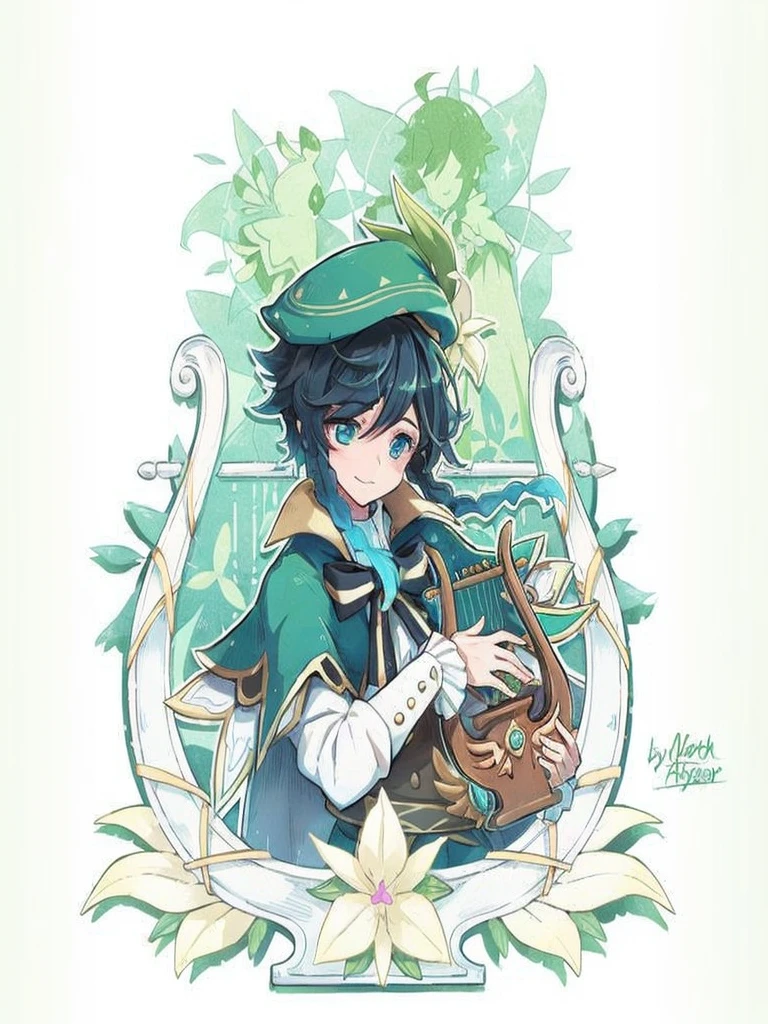 Venti genshi impact flat colors card cover blue colors golden frame boy with a book in his hands stars and elements like white flowers around