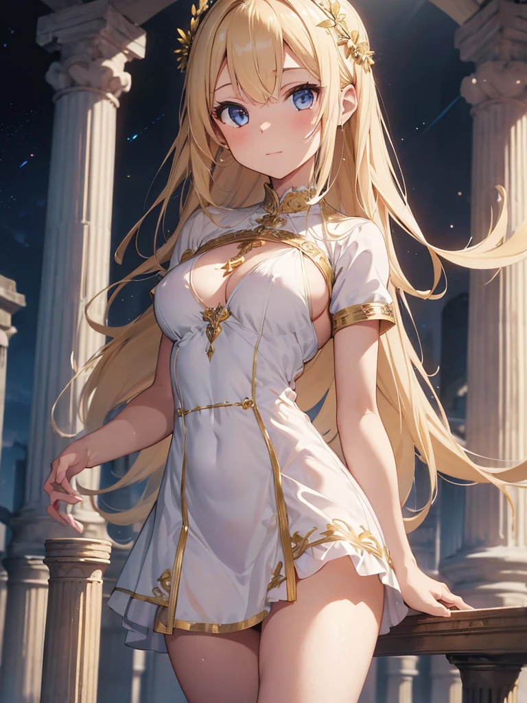 Masterpiece, 8k quality, highly detailed, one girl, (blonde cutly hair), (white and gold goddess dress), ((extremely small breast)), thick thighs, Roman pillars background