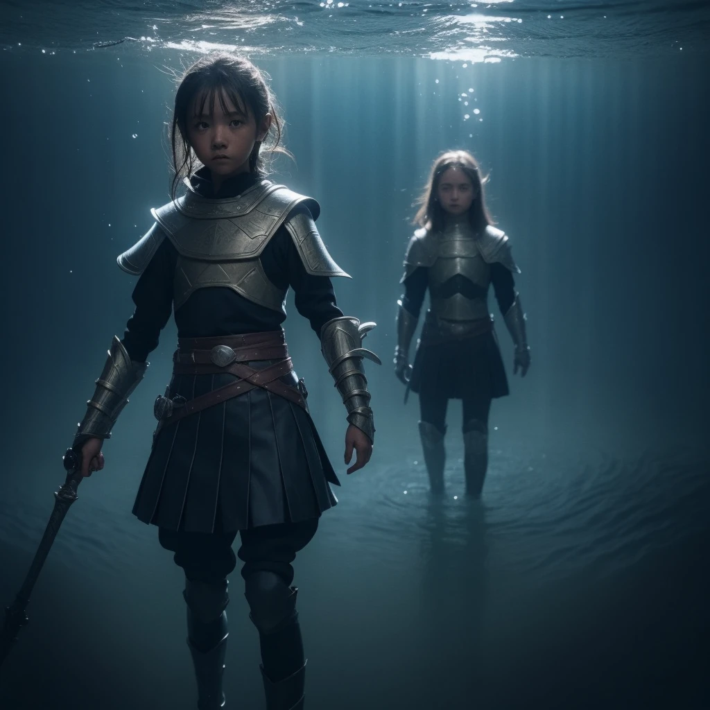 最high quality、high quality、Simple cloth armor、8-year-old、Adventurer、Flat Chest、Pitch-dark underground labyrinth、No light、skirt、Equipped with a dagger and a shield、Body in water、Face above water、浮力でskirt捲れる
