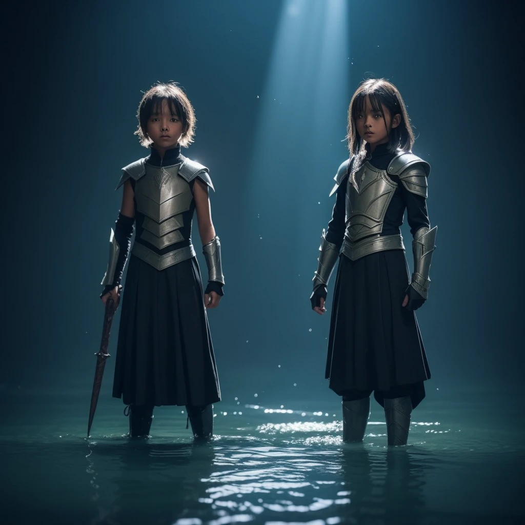 最high quality、high quality、Simple cloth armor、8-year-old、Adventurer、Flat Chest、Pitch-dark underground labyrinth、No light、skirt、Equipped with a dagger and a shield、Body in water、Face above water、浮力でskirt捲れる