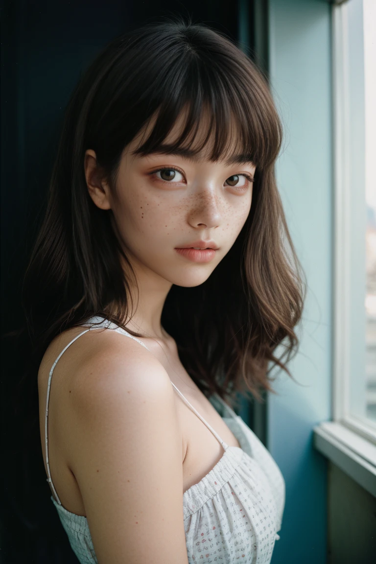 Stunning brunette woman with freckles, Portra 400 film photo, analog inspiration
