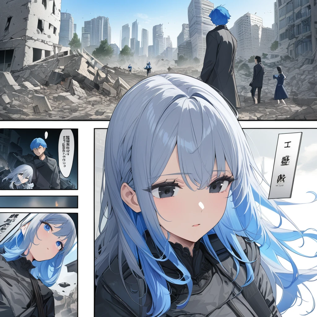 ((highest quality)), ((masterpiece)), (detailed)),  a man with gray hair and black eyes next to a woman with blue hair and blue eyes in a scene Comic ebook storyboard a city in rubble destroyed three panels HQ