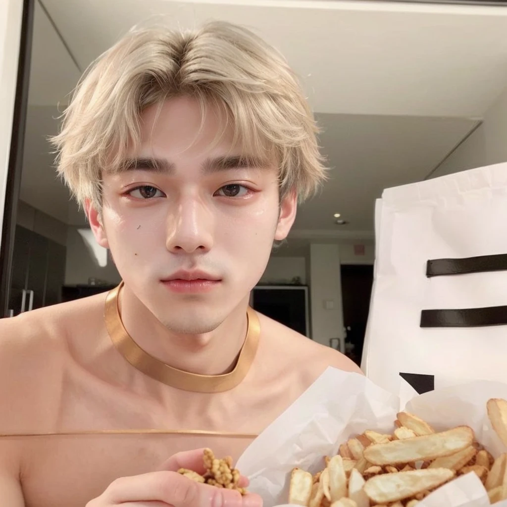 there is a man holding a bag of food and a bag of cereal, Taehyung eating Gucci fries, cai xukun, xqc, Jungkook, Jimin\the right eyelid is swollen, Jimin\the full lips, mukbang, Tae June Kim, Jimin, hyung tae, jung jaehyun, V tuber, Sakimichan, adorable and pale korean face
