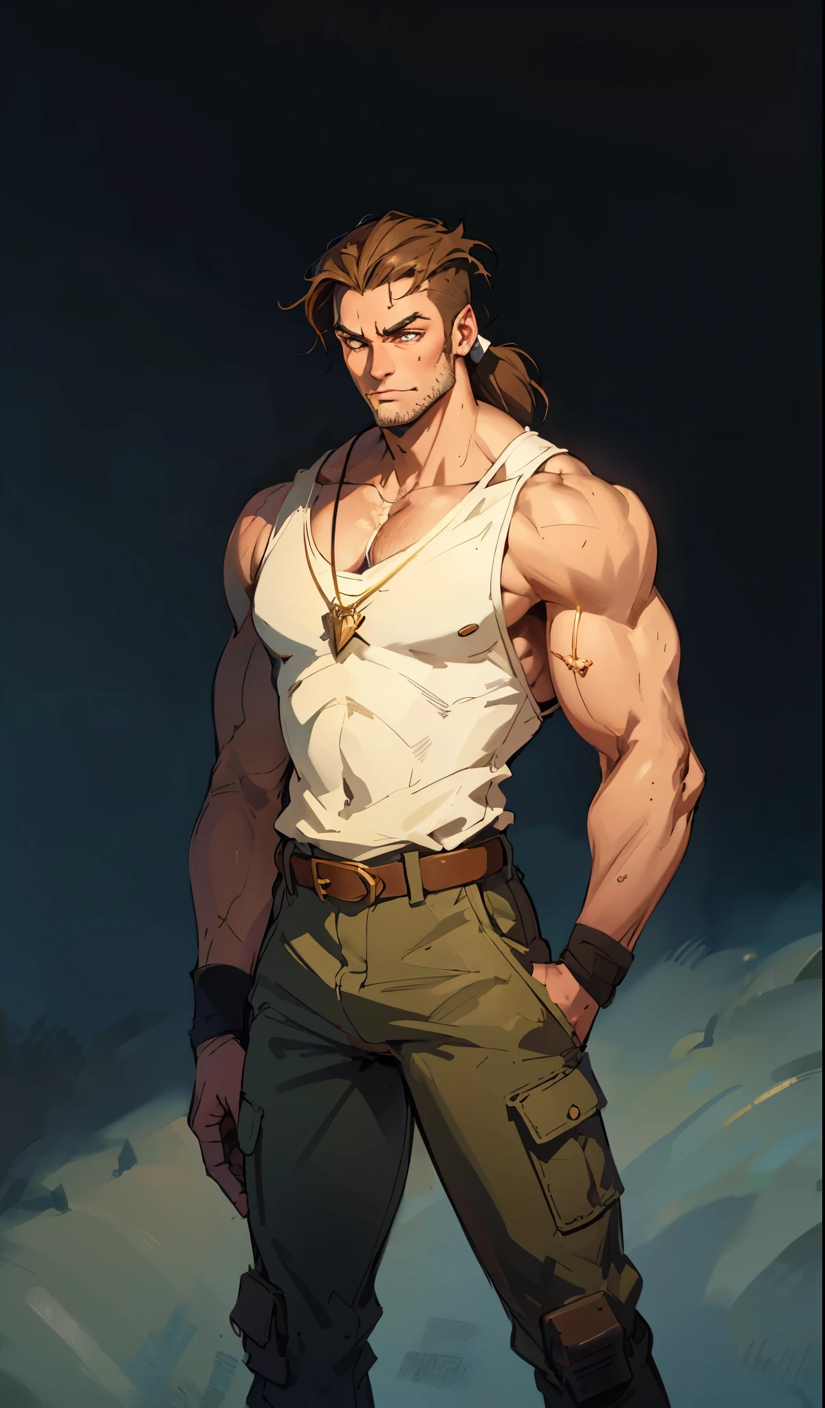 (masterpiece:1.2, best quality, extremely delicate), a man with short brown hair, a short ponytail, brown skin, a handsome face, deep eyes, a wild smile, stubble on his chin, wears a necklace with animal teeth, a muscular build, a fantasy-reality style blue open short vest, sleeveless, a cloth band on his arm, a yellow belt, green cargo pants, stands on an endless coastline, this character embodies a finely crafted fantasy-reality style rogue in anime style, exquisite and mature manga art style, dramatic, high definition, highres, ultra-detailed, ultra-fine painting, professional, perfect body proportions, golden ratio, anatomically correct, symmetrical face, extremely detailed eyes and face, high quality eyes, creativity, RAW photo, UHD, 32k, Natural light, cinematic lighting, masterpiece-anatomy-perfect