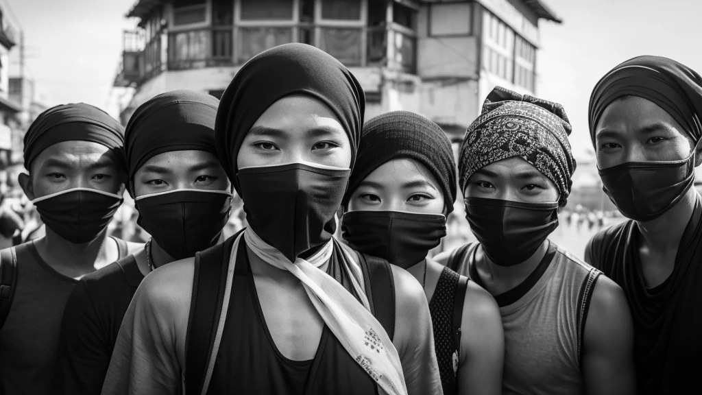 1930s, monochrome photography, A group of thieves in Southeast Asia, mouth and nose covered with a bandana, Group photo, 32K, Best quality, Masterpiece, super detail, High Details,
