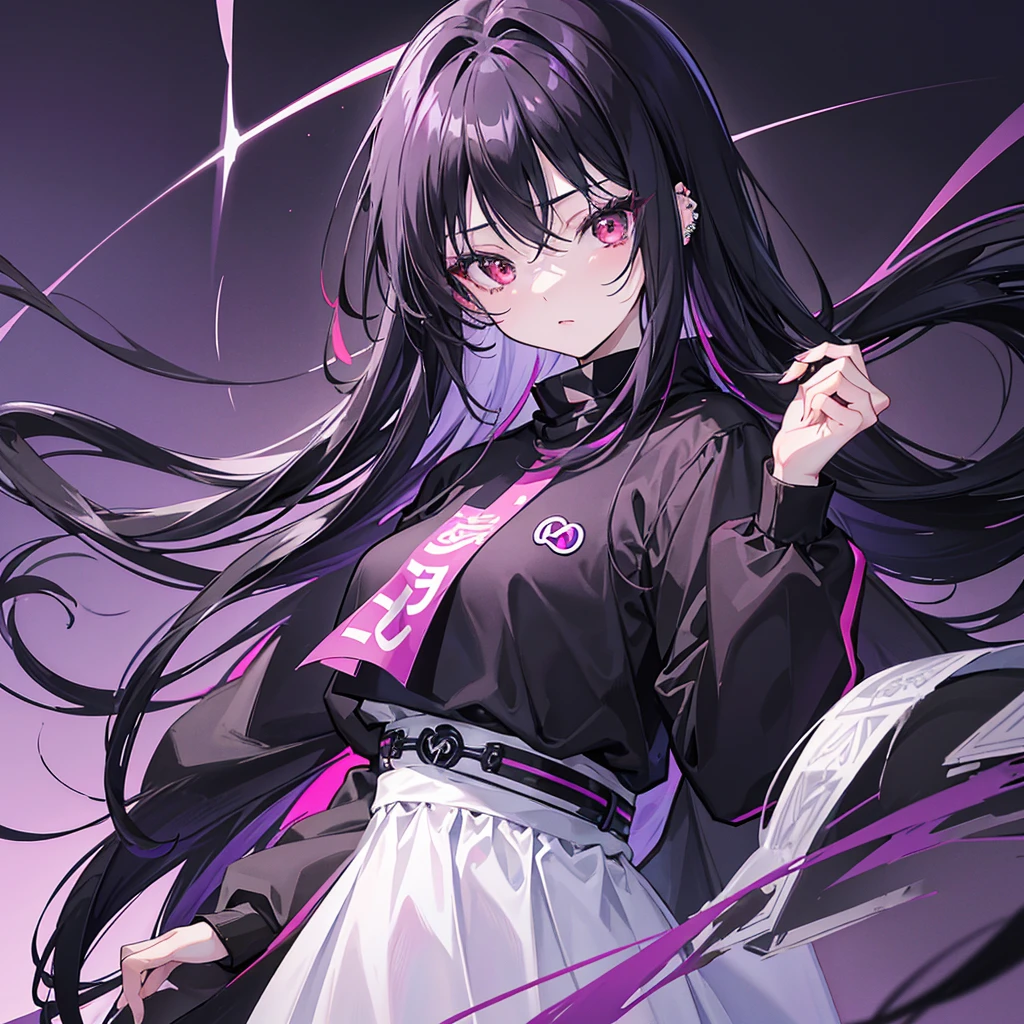 Appearance: Kyoko is a 14 years old ??? that has long, flowing black hair with a purple tint, styled in a sleek and elegant manner. Her piercing red eyes are framed by thick lashes, she is often seen with dark, bold lipstick that highlights her full lips. Kyoko wear black and purple pullover that is always too big for Her and black short.
