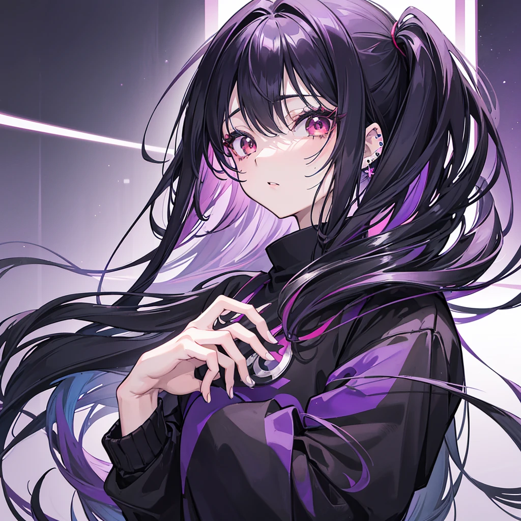(Anime artwork, Anime Style, Studio Anime, Very detailed, Latest, Vibrant, Anime Coloring, High Contrast, masterpiece:1.2, Highest quality, Best aesthetics) Purple Hair、Depression、Determined eyes、One Girl、Black clothing、Beautiful breasts、I have long hair、
