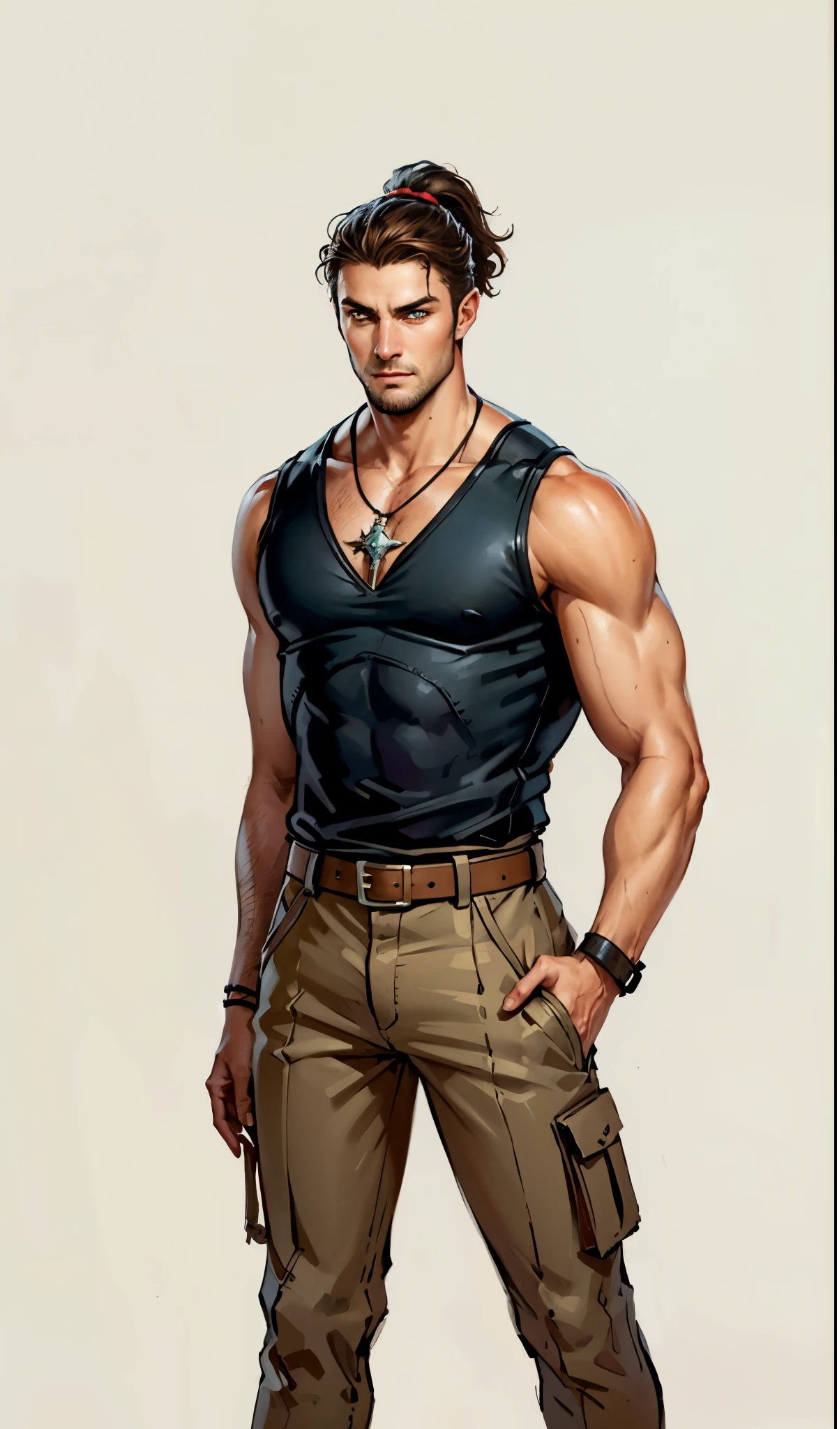 (masterpiece:1.2, best quality, extremely delicate), a man with short brown hair, a short ponytail, brown skin, a handsome face, deep eyes, a wild smile, stubble on his chin, wears a necklace with fangs, a muscular build, a fantasy-reality style blue open short vest, sleeveless, a cloth band on his arm, a yellow belt, green cargo pants, stands on an endless coastline, this character embodies a finely crafted fantasy-reality style rogue in anime style, exquisite and mature manga art style, dramatic, high definition, highres, ultra-detailed, ultra-fine painting, professional, perfect body proportions, golden ratio, anatomically correct, symmetrical face, extremely detailed eyes and face, high quality eyes, creativity, RAW photo, UHD, 32k, Natural light, cinematic lighting, masterpiece-anatomy-perfect
