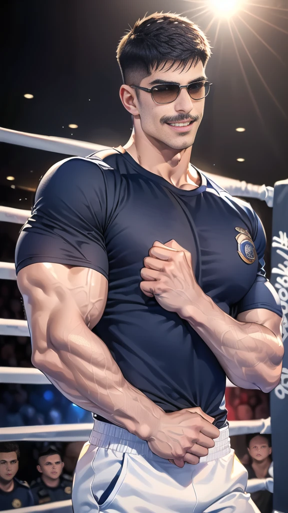 (handsome Man),(Thin mustache:1.1),(crew cut short hair:1.5),black eye,
(navy blue tight-fitting round neck short sleeve T-shirt:1.3),(Police badge:1.3),navy blue cargo pants,(navy_gloves:1,3),(navy_backpack:1.3),(sunglasses:1.3),
Korean guy,chest muscles,large arm muscles,blood vessel,Big muscles,Broad shoulders,(open mouth:1.2),(face up:1.2),(open eyes:1.5),middle of the road,smile,(boxing ring:1.4),