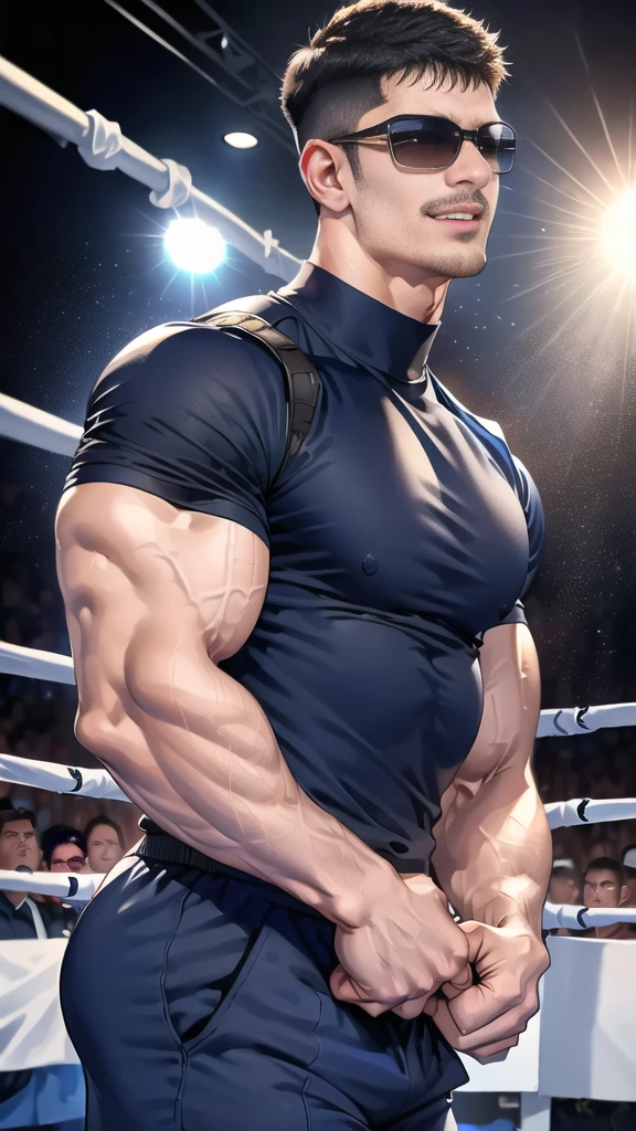 (handsome Man),(Thin mustache:1.1),(crew cut short hair:1.5),black eye,
(navy blue tight-fitting round neck short sleeve T-shirt:1.3),(Police badge:1.3),navy blue cargo pants,(navy_gloves:1,3),(navy_backpack:1.3),(sunglasses:1.3),
Korean guy,chest muscles,large arm muscles,blood vessel,Big muscles,Broad shoulders,(open mouth:1.2),(face up:1.2),(open eyes:1.5),middle of the road,smile,(boxing ring:1.4),