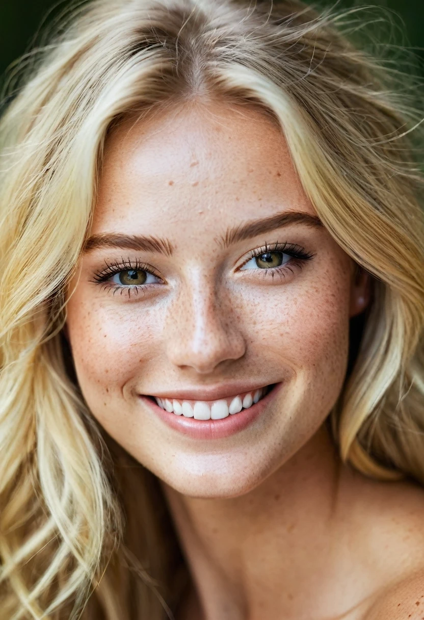 beautiful lady, dark make-up, light freckles, a little defect to make natuirel, blonde, beautiful hair, radiant smile, detailed photography, soft light, full head and shoulders portrait, cover