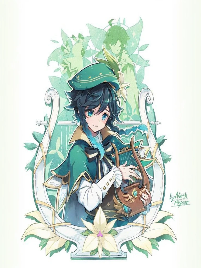 Venti genshi impact flat colors card cover blue colors golden frame boy with a book in his hands stars and elements like white flowers around