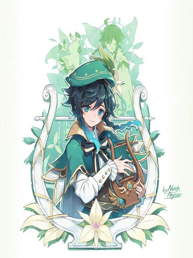 Venti genshi impact flat colors card cover blue colors golden frame boy with a book in his hands stars and elements like white flowers around