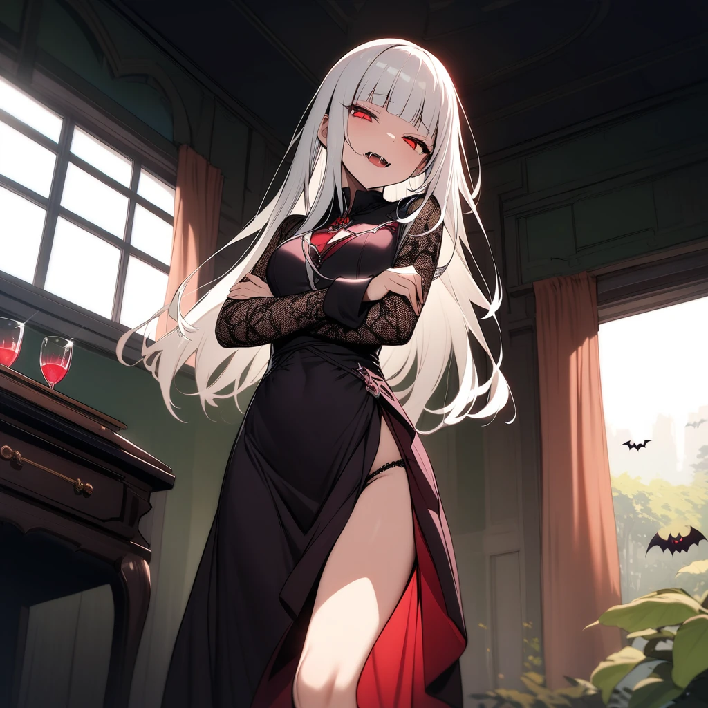(masterpiece),(best quality),very aesthetic,(ultra-detailed),(illustration),(degenerate),very aesthetic,1girl,,slender,long hair,white hair,straight hair,disheveled hair,(blunt bangs),red alluring eyes,sleepy,half closed eyes,condescending look,open mouth,smirk,fangs,An elegant and sophisticated outfit perfect for a party, featuring a dark red long dress with lace accents sleeves,ecstasy,happy,inroom,standing,standing on one leg,head tilt,crossed arms,daytime,Lascivious atmosphere,fantastic atmosphere,Sunlight shining through the window,forest landscape,curtains flutter in the wind,Toxic green colored lace thong,Old furnishings,dusty room,cowboy shot,looking at viewer, vampire, strawberry juice glass, dark fantasy, bat,bat's wings,from below