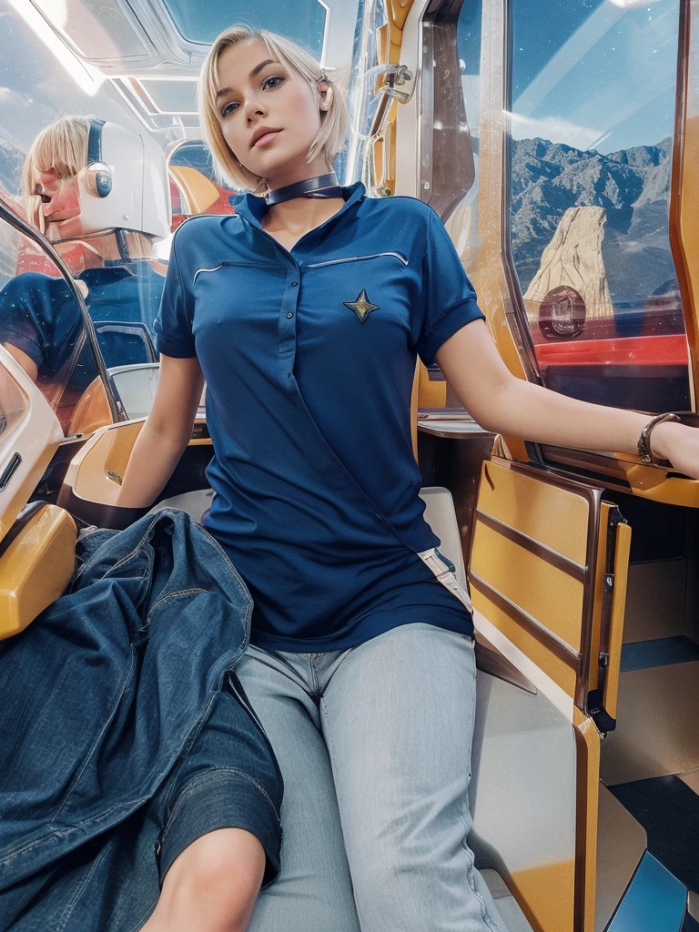 A blond young sexy woman with short hair and hot clothes sits on a seat in a spaceship and the window can show beautiful staras