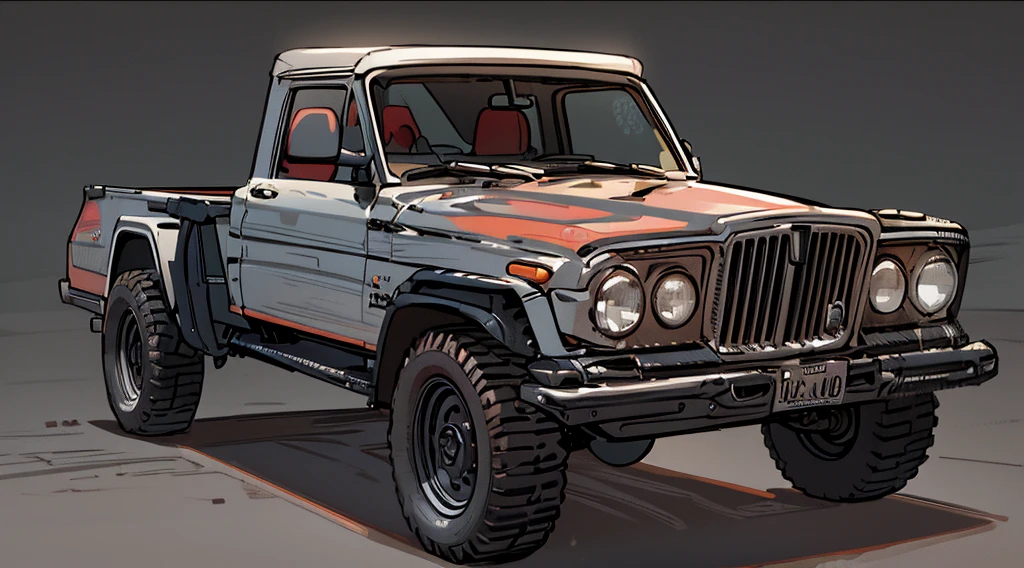 ((Best Quality)), ((masterpiece)), Highly detailed, 8K, heavily armored red 6x6 heavy pickup truck 1970 Jeep Gladiator, 6-wheels, bulky boxy form, red dirty matte paint, large square headlights, boxy angles, boxy 80s design, square headlights, (peterbilt influence:0.7), bright showroom, plain mesa background, cel-shaded, line art, bold black outlines, comic style, inkpunk, bright photoshoot lighting, ((isometric symmetry:1.2))
