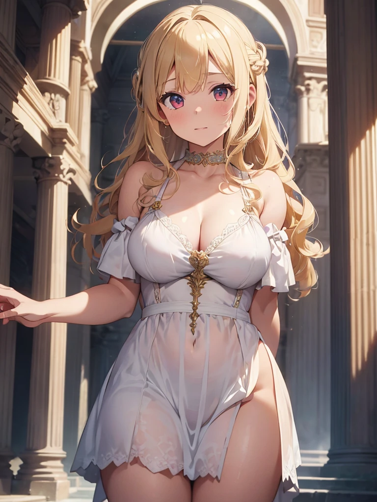 Masterpiece, 8k quality, highly detailed, one girl, (blonde curly hair), (off the shoulders white and goddess dress), ((extremely small breast)), thick thighs, Roman pillars background