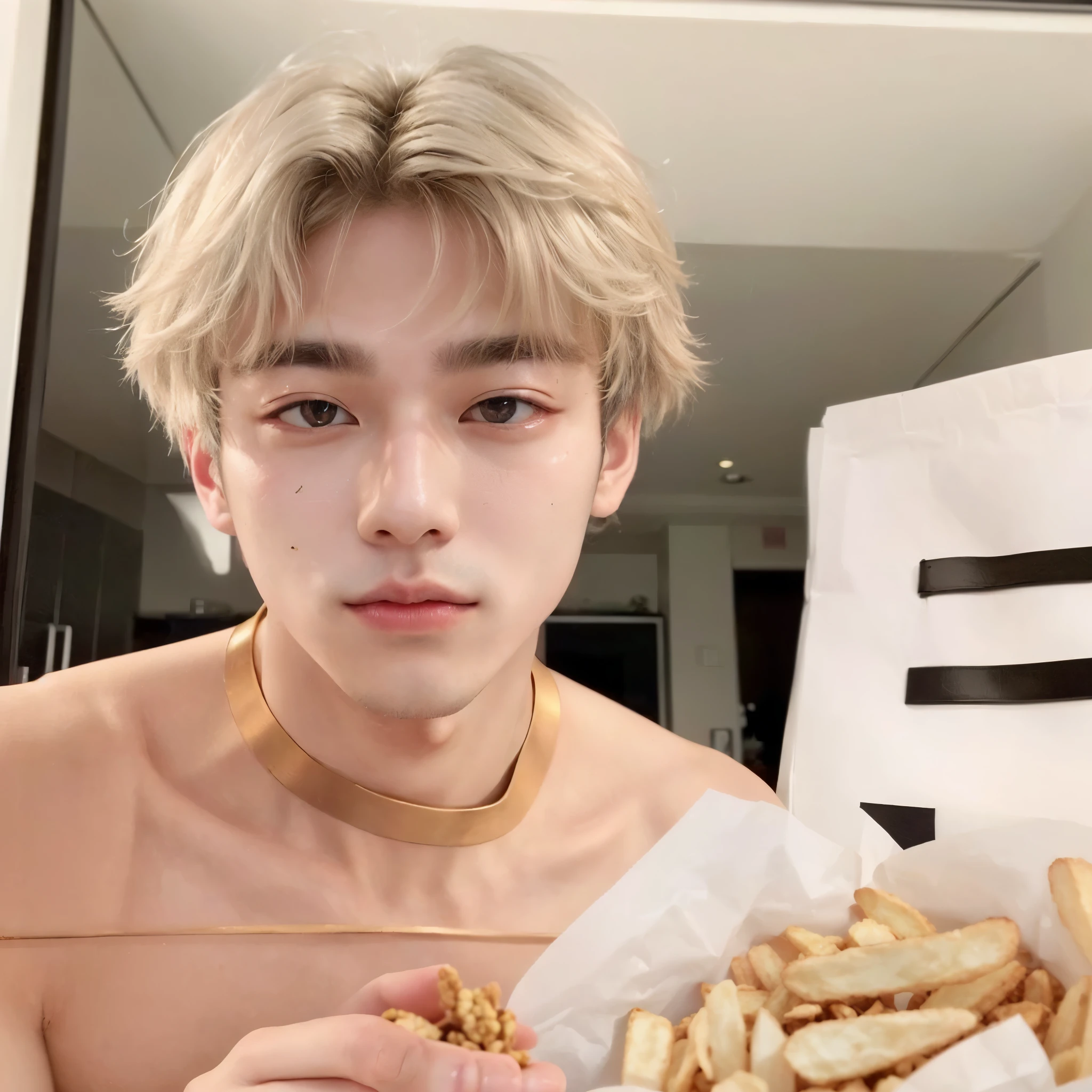 there is a man holding a bag of food and a bag of cereal, Taehyung eating Gucci fries, cai xukun, xqc, Jungkook, Jimin\the right eyelid is swollen, Jimin\the full lips, mukbang, Tae June Kim, Jimin, hyung tae, jung jaehyun, V tuber, Sakimichan, adorable and pale korean face