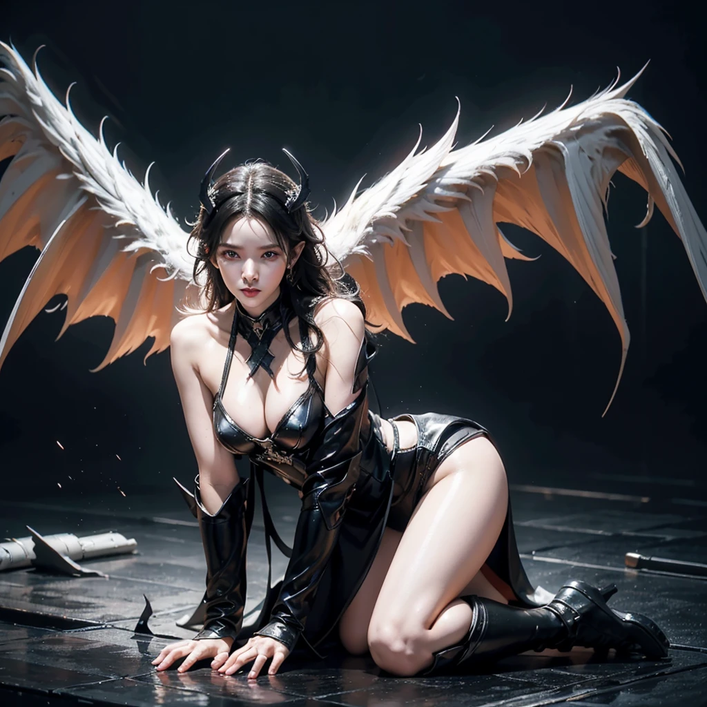 subject：full body picture of couple, The lost god, Angel Wings and Demon Lord Wings, Sky battle of gods and devils, (Realistic picture, high resolutionสุด, 16K), (A demon god with wide wings and enormous power on his shoulders..., Twelve wings on the shoulders., black bat wings:1.white angel wings 3 อัน:1.5), long hair, Thick hair, Two meters long, floor length, (สาวสวยlong hairสองเมตร, shiny black hair, Smooth white skin, very red lips), ((stand, already)), (หน้าอกbig, หัวbig tits), (gigantic breast, small waist, hips raised, small thighs, Long legs), (dynamic poses), Separate theme, (Angel wings and devil wings), floating in the air above the ground, background darkness, Embraced with twelve wings, ปีกSeparate themeชัดเจน, Angel wings and devil wings, white and black wings, ทรงสวมมงกุฏขนาดbig, The busiest breasts, big , Porn, just, exposed body, tight, All smooth., see the whole body, full body image, War of Gods and Demons, angel and devil, Wrestling, strength test, Heaven and Hell, Makanime Battle, white angel wings, black bat wings, White snow and red skyเกิดขึ้นอย่างรวดเร็ว, "(best quality, 4K, 8ก, high resolution, Masterpiece:1.2), very detailed, (realism, fotorrealism, fotorrealism:1.37), angel and devil, Wrestling, strength test, Heaven and Hell, Makanime Battle, Woe to the white angel!, black bat wings, White snow and red sky, [illustration], [dynamic elements], [Fantasy], [การต่อสู้ครั้งยิ่งbig], [strong emotions], [hot atmosphere], [Colossal force], Portrait, terrain, Sharp focus, physical representation, professional, bright colors, Bokeh, Saturated tones, [incredible light]"