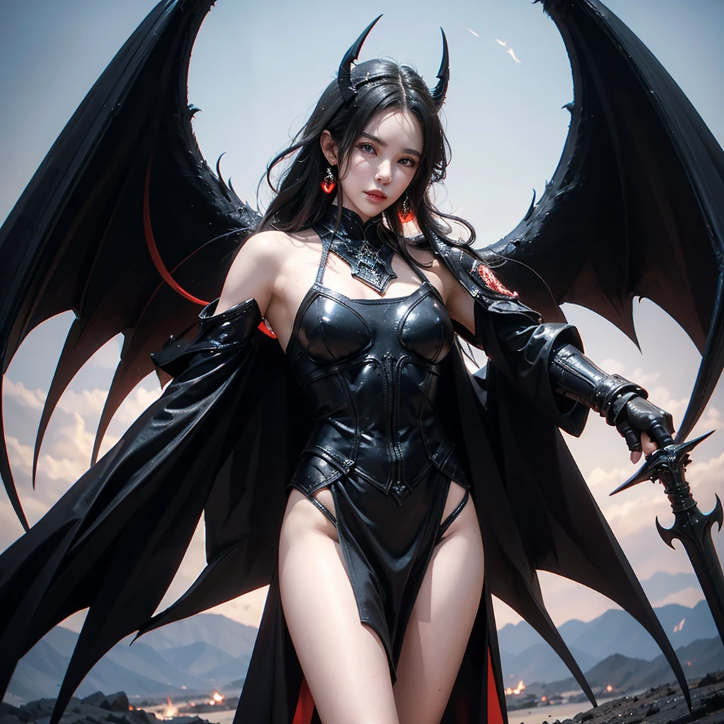 subject：full body picture of couple, The lost god, Angel Wings and Demon Lord Wings, Sky battle of gods and devils, (Realistic picture, high resolutionสุด, 16K), (A demon god with wide wings and enormous power on his shoulders..., Twelve wings on the shoulders., black bat wings:1.white angel wings 3 อัน:1.5), long hair, Thick hair, Two meters long, floor length, (สาวสวยlong hairสองเมตร, shiny black hair, Smooth white skin, very red lips), ((stand, already)), (หน้าอกbig, หัวbig tits), (gigantic breast, small waist, hips raised, small thighs, Long legs), (dynamic poses), Separate theme, (Angel wings and devil wings), floating in the air above the ground, background darkness, Embraced with twelve wings, ปีกSeparate themeชัดเจน, Angel wings and devil wings, white and black wings, ทรงสวมมงกุฏขนาดbig, The busiest breasts, big , Porn, just, exposed body, tight, All smooth., see the whole body, full body image, War of Gods and Demons, angel and devil, Wrestling, strength test, Heaven and Hell, Makanime Battle, white angel wings, black bat wings, White snow and red skyเกิดขึ้นอย่างรวดเร็ว, "(best quality, 4K, 8ก, high resolution, Masterpiece:1.2), very detailed, (realism, fotorrealism, fotorrealism:1.37), angel and devil, Wrestling, strength test, Heaven and Hell, Makanime Battle, Woe to the white angel!, black bat wings, White snow and red sky, [illustration], [dynamic elements], [Fantasy], [การต่อสู้ครั้งยิ่งbig], [strong emotions], [hot atmosphere], [Colossal force], Portrait, terrain, Sharp focus, physical representation, professional, bright colors, Bokeh, Saturated tones, [incredible light]"