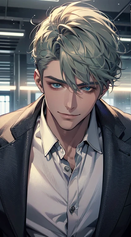 (best quality, masterpiece, 8K, photorealistic, cinematic lighting, 1:4 hdr image, top view, ultra detailed, beautiful image), a mature man, very handsome, short grey green hair, blue eyes, perfect face without errors , ((buttoning his jacket, CEO)), smile in love.