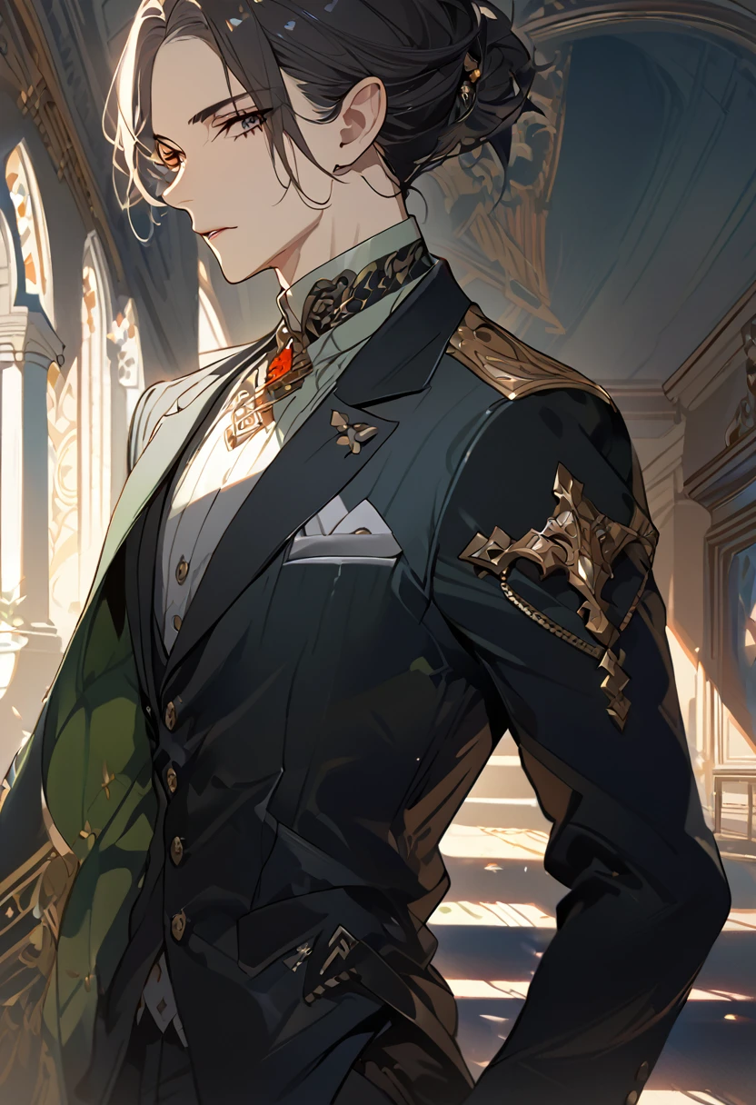 masterpiece, best quality, 8k ,4k , 1 male, elf, long ears elf, dark grayish hair, dark greenish eyes, hair ornament, finely detailed eyes and detailed face, looking at viewer, from side, meticulous clothes, formal clothes, combination of white and black coat, half cape by the shoulders, patterned clothes, majestic looks, sharp looks, shadows, inspired by Asukaziye artist : ask, art style : ask