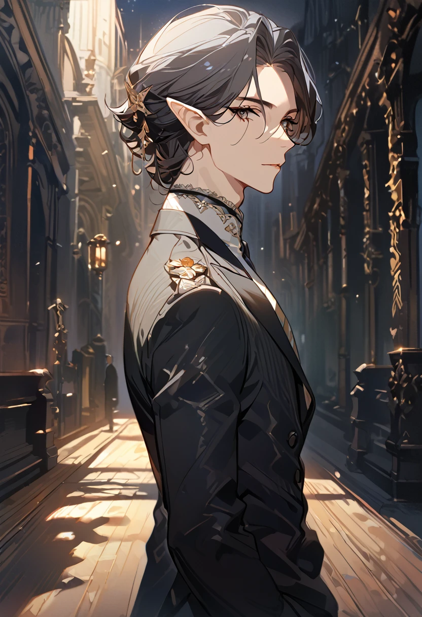 masterpiece, best quality, 8k ,4k , 1 male, elf, long ears elf, dark grayish hair, dark greenish eyes, hair ornament, finely detailed eyes and detailed face, looking at viewer, from side, meticulous clothes, formal clothes, combination of white and black coat, half cape by the shoulders, patterned clothes, majestic looks, sharp looks, shadows, inspired by Asukaziye artist : ask, art style : ask