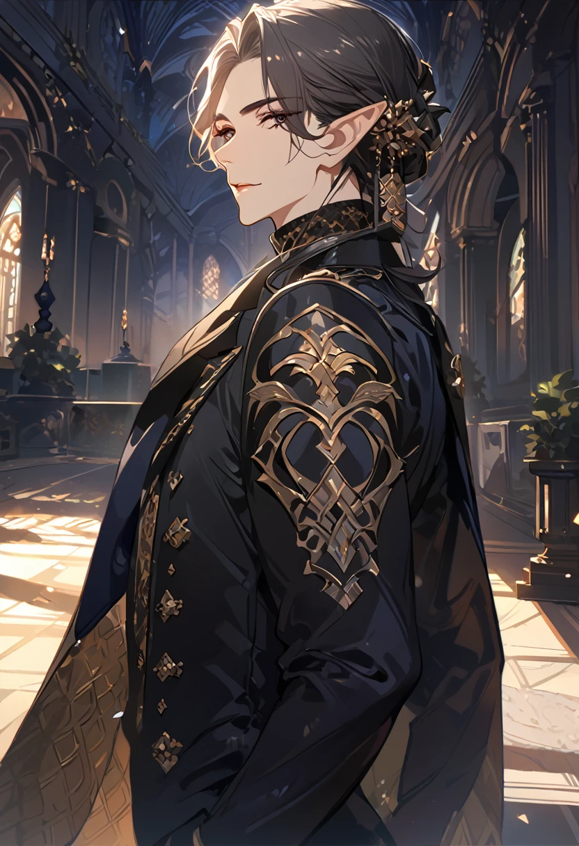 masterpiece, best quality, 8k ,4k , 1 male, elf, long ears elf, dark grayish hair, dark greenish eyes, hair ornament, finely detailed eyes and detailed face, looking at viewer, from side, meticulous clothes, formal clothes, combination of white and black coat, half cape by the shoulders, patterned clothes, majestic looks, sharp looks, shadows, inspired by Asukaziye artist : ask, art style : ask