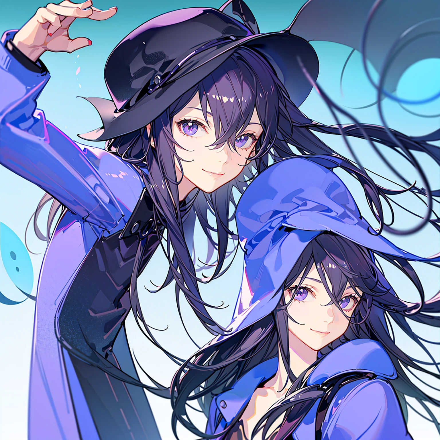 Male youth,Mysterious smile,long hair,Dark purple coat
