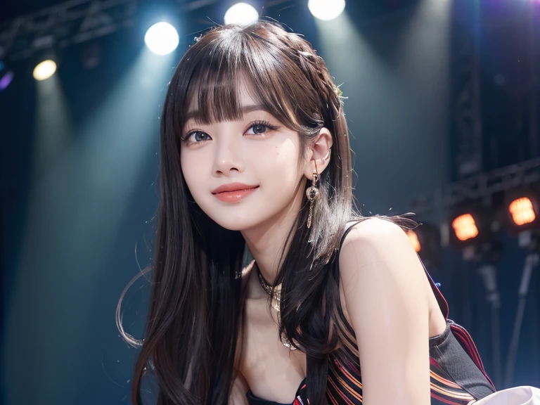 Black Hair、Bob Hair、Falter、Round eyes、False eyelashes、Light wavy hair, correct、Striped Hair、Brown Hair、Red Hair、Dark blue hair、Gradient Hair、Asymmetrical Hair、Hair behind the ear、Crossed bangs、Long Hair、とてもLong Hair、Hair up on one side、とんでもなくLong Hair、Valletta、sunglasses、Mole under the eye、Bright Blue Eyes、Long eyelashes, (Dark eyeliner), Ring Eye、Round eyes、compensate、邪悪なsmile、軽いsmile、Cast a Shadow、Backlight、Exposure、Very detailed、最high quality、超High resolution、超High resolution、Very detailed、Very realistic, masterpiece、correct、Textured skin、high quality、最high quality、Awards、High resolution、16K, 髪のFalter、軽いsmile、Redness in the ears、correct、Cast a Shadow、Shine、360° View、Very detailed、最high quality、超High resolution、解剖学的にcorrect、masterpiece、High resolution、High detail、Long eyelashes、A slight blush、compensate, ((whole body)), ((smile)),((Background stands on stage)),((Shorts concert outfit))、((whole bodyショット)),