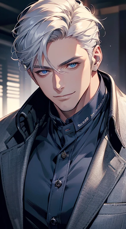 a mature man, very handsome, short grey white hair, beautiful blue eyes, perfect face, buttoning his jacket, CEO, smile in love, (best quality, masterpiece, 8K, photorealistic, cinematic lighting, 1:4 hdr image, top view, ultra detailed, beautiful image)