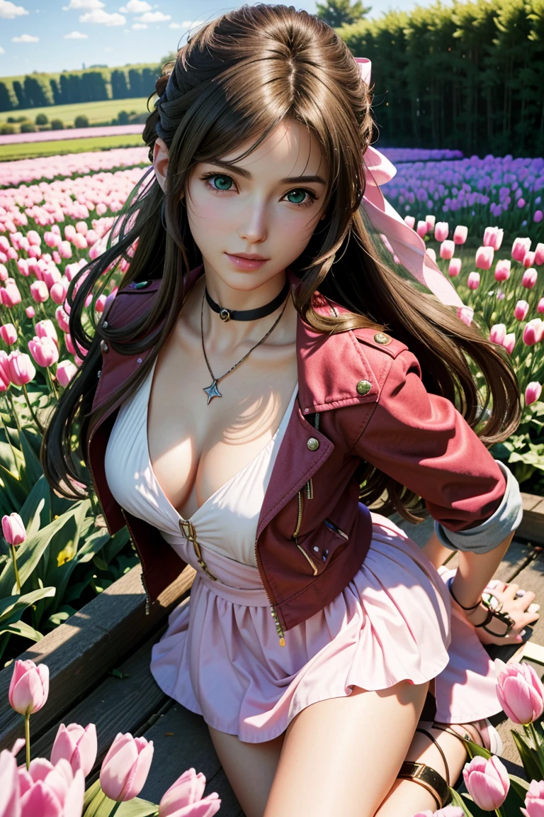 (masterpiece, 最high quality)
Aeris FF7, 1 girl, alone, long hair, bangs, brown hair, dress, bow, ribbon, jewelry, closed mouth, green eyes, red jacket, hair ピンクribbon, Upper body, Braid, hair bow, side lock, choker, necklace, lips, parted bangs, pink bow, portrait, ピンクdress,  photorealistic,Super high quality,high quality,masterpiece,digital single lens reflex,detailed details,elaborate details,based on anatomical basis,depicted in detail,detailed face,realistic skin texture,vivid details,perfect anatomy,perfect anatomy,anatomically correct hand,anatomically correct fingers,super detail,complex 3d rendering,huge ,sexy pose,The beautiful world of Final Fantasy 7,The morning sun is beautiful,Fantastic blue sky,beautiful tulip field,mysterious tulip field,beauty like a painting,Take a full body photo,9 heads and bodies,pink lip,emphasize the beautiful whole body,beautiful nails,A sloppy smile,
