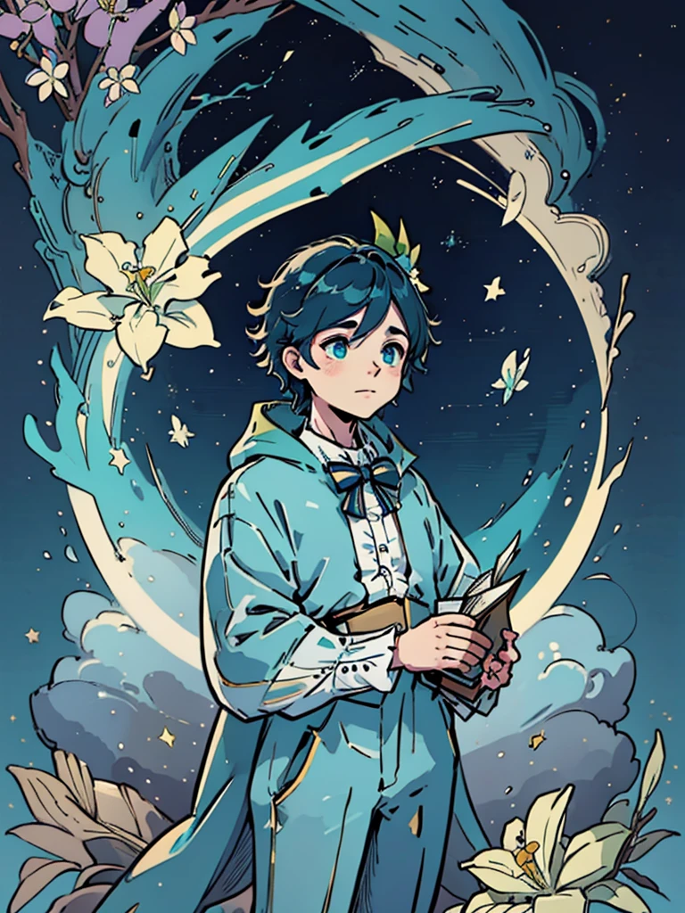 Venti genshi impact flat colors card cover blue colors golden frame boy with a book in his hands stars and elements like white flowers around