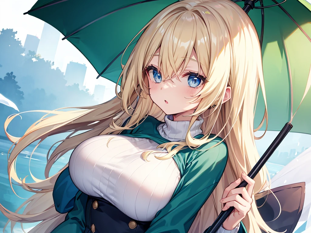 One Girl、Long blonde、Hair between the eyes、blue eyes、、Green Turtleneck Sweater、White Cape、Holding an umbrella、it's raining、Hydrangea、snails、The clothes are see-through、Wet Hair、Wet clothes、Watching the audience、