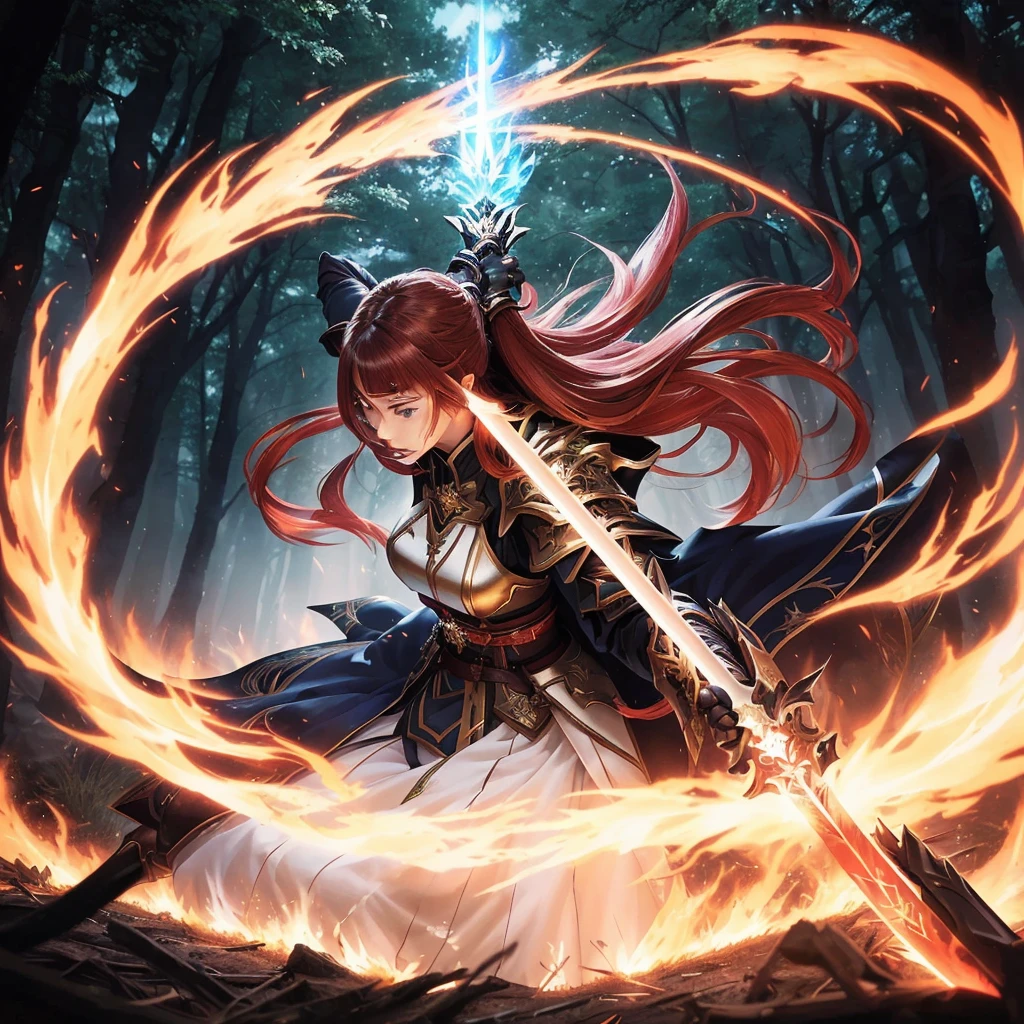 a girl with long hair and a sword in a forest, impacto de ayaka genshin, shadowverse style, jogo ayaka impacto Genshin, anime fantasy artwork, flame conjuring armored, wielding a flaming sword, dos arknights, epic anime art, capa de arte épica de light novel, anime fantasy illustration, casting fire spell, arcs of flame, Detailed art from the main anime
