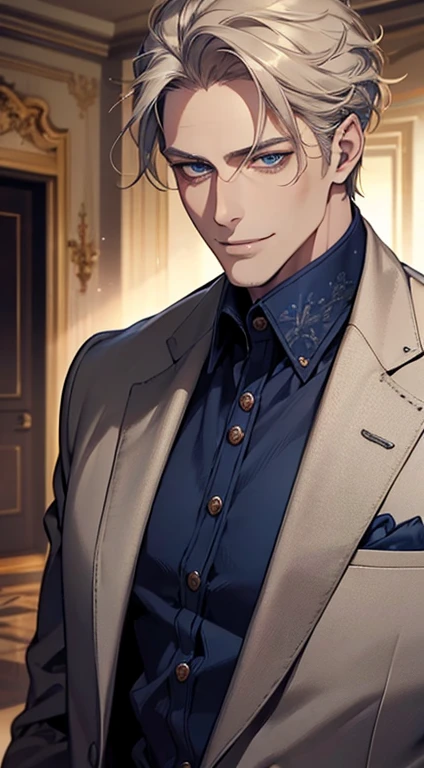 a mature man, very handsome, short grey golden hair, beautiful blue eyes, perfect detailed face, buttoning his jacket, CEO, smiling in love, cinematic lighting, 1:4 HDR, photorealistic, ultra detailed, 8K, best quality, masterpiece