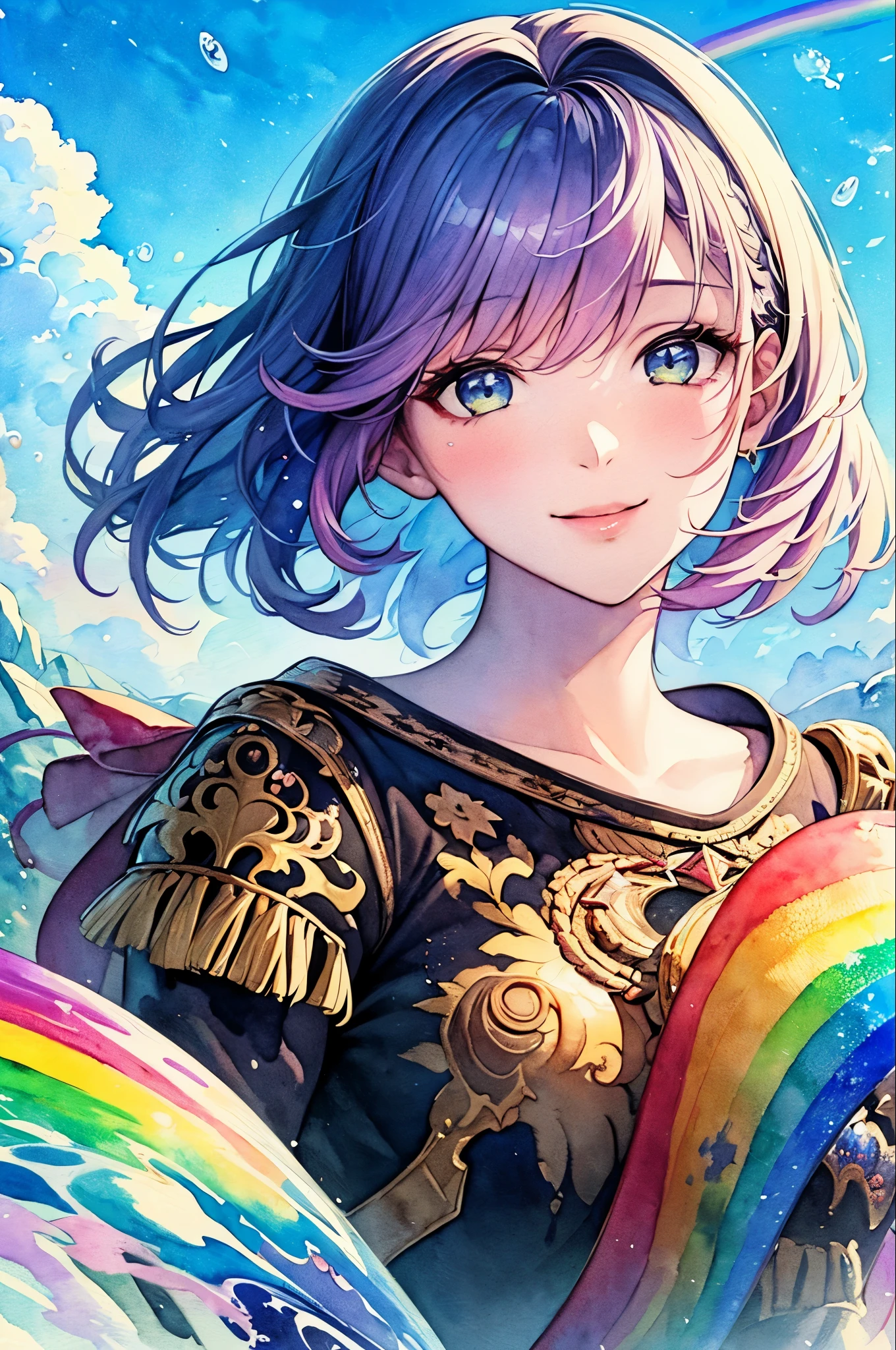 (masterpiece, Highest quality, Highest quality, watercolor (Moderate), Official Art, beautifully、aesthetic: 1.2), (1 Girl: 1.3), (Fractal Art: 1.3), morning, Good morning, smile, sunny day, Hilarious, Look Viewer, pattern, Wave, (Rainbow Hair, colorful Hair: 1.2), null, gas, cloud, colorful, Soap bubble