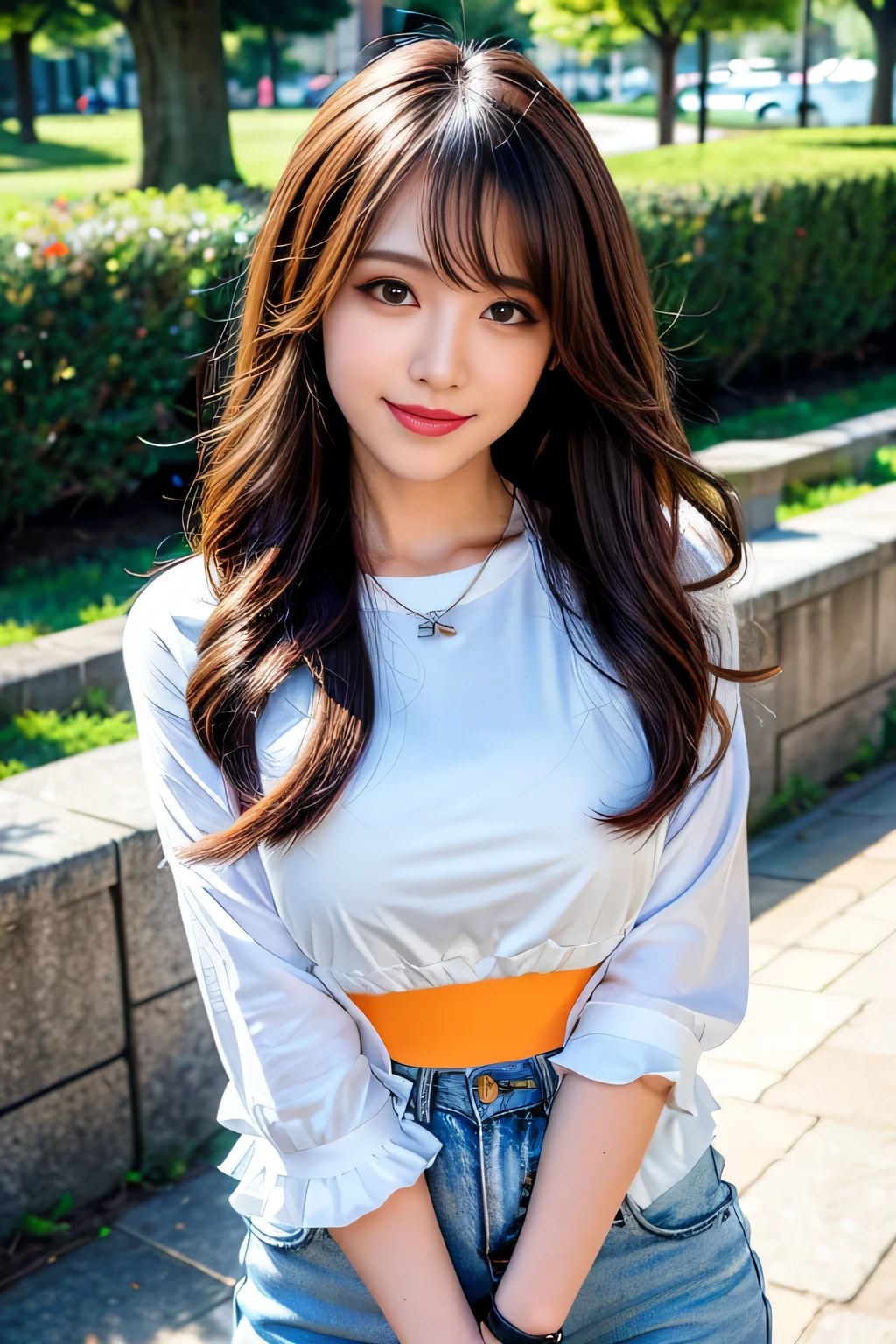 seed;88117315,((Full Body Angle))、((Front hair:1.3))、((Highest quality, 8K, masterpiece: 1.3)), concentrated: 1.2, Cute girl 1,Nipples erect、 Perfect beauty: 1.4,Cut and sewn T-shirt Raglan sleeve summer short sleeve T-shirt.Shorts: 1.2,Long sleeve、Randall Color、comics&Text Graphics、Black ruffle-trimmed drawstring zip blouse,1.1, Highly detailed face and skin textures, Fine grain, double eyelid, whitening skin, ,Highest quality,Ultra-high resolution,you,1 girl,alone,_Shiny_skin,Iris,necklace,((brown_length_Wavy_hair)),(lips)),eyelash,Front hair,deal with,compensate,Shiny,pore,skin,Large Breasts、((smiling face))、Riverside Walk、walk、
