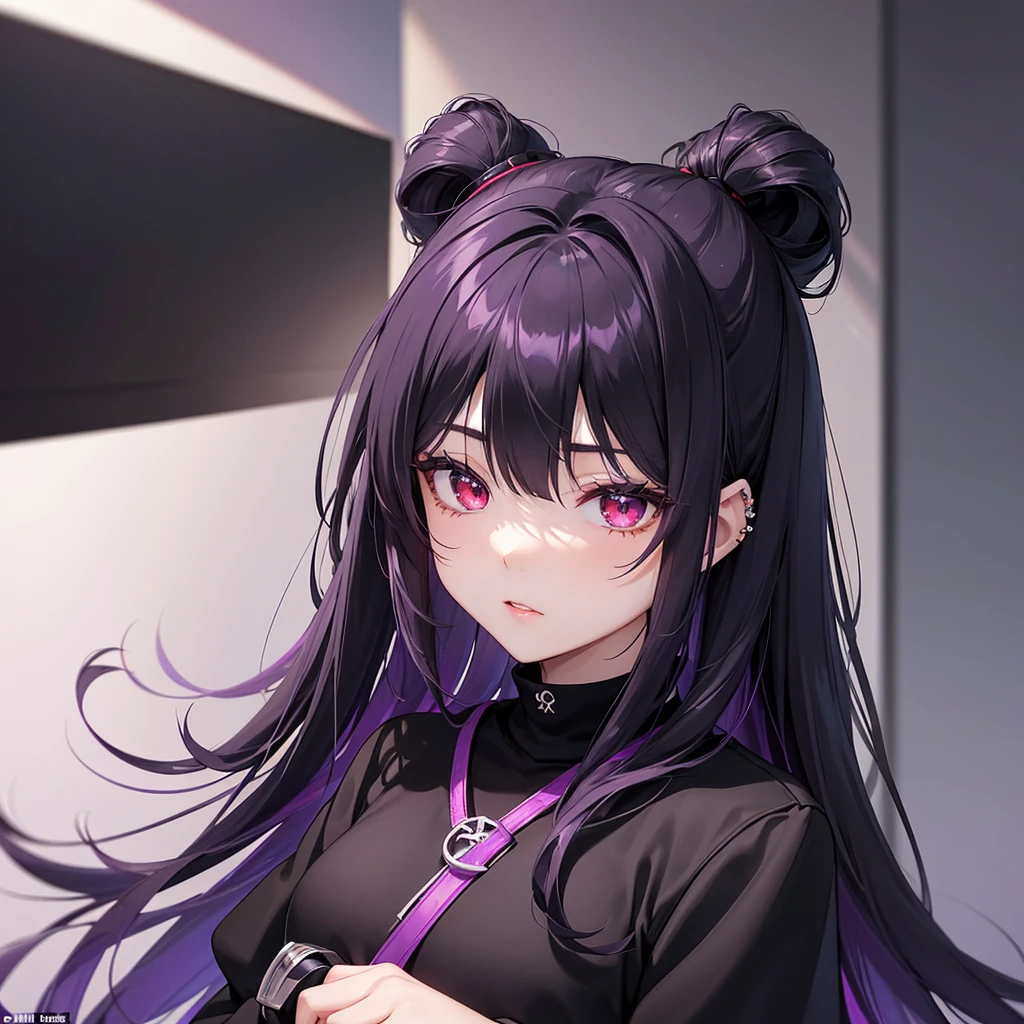 Girl, purple and black hair, purple on right side, black on left side, long hair, purple hoodie, cool, black t-shirt, legs open, looking at camera, sitting on bed, hand between open legs, purple room, game room, purple, purple and black, black, stylish, emo