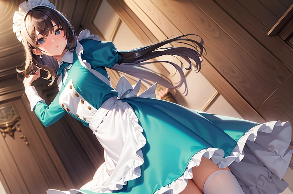 masterpiece, best quality,1girl, solo,whtie hair,medium hair,blue eyes,long sleeves,juliet sleeves,apron,maid,maid headdress,puffy sleeves,green dress,vest,buttons, white thighhighs,standing, looking at viewer, nose blush,