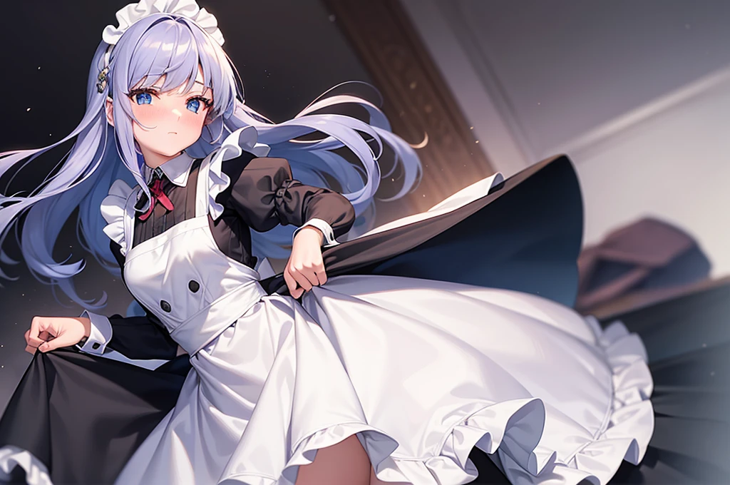 masterpiece, best quality,1girl, solo,whtie hair,medium hair,blue eyes,long sleeves,juliet sleeves,apron,maid,maid headdress,puffy sleeves,green dress,vest,buttons, white thighhighs,standing, looking at viewer, nose blush,