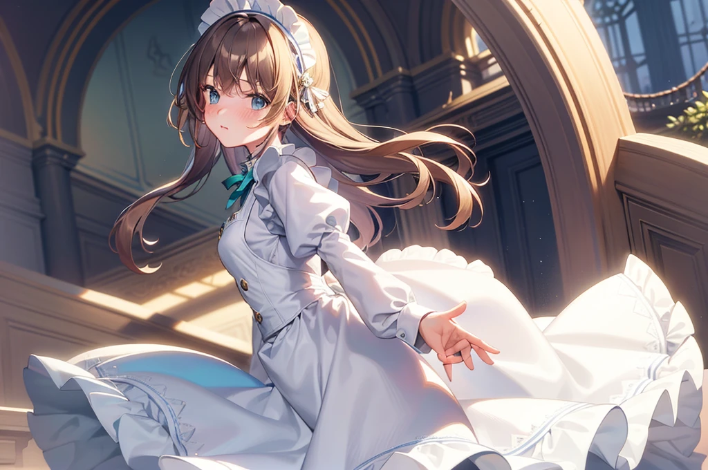 masterpiece, best quality,1girl, solo,whtie hair,medium hair,blue eyes,long sleeves,juliet sleeves,apron,maid,maid headdress,puffy sleeves,green dress,vest,buttons, white thighhighs,standing, looking at viewer, nose blush,