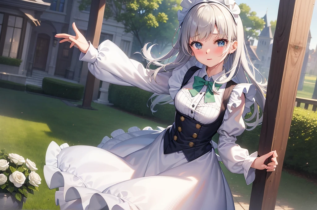 masterpiece, best quality,1girl, solo,whtie hair,medium hair,blue eyes,long sleeves,juliet sleeves,apron,maid,maid headdress,puffy sleeves,green dress,vest,buttons, white thighhighs,standing, looking at viewer, nose blush,