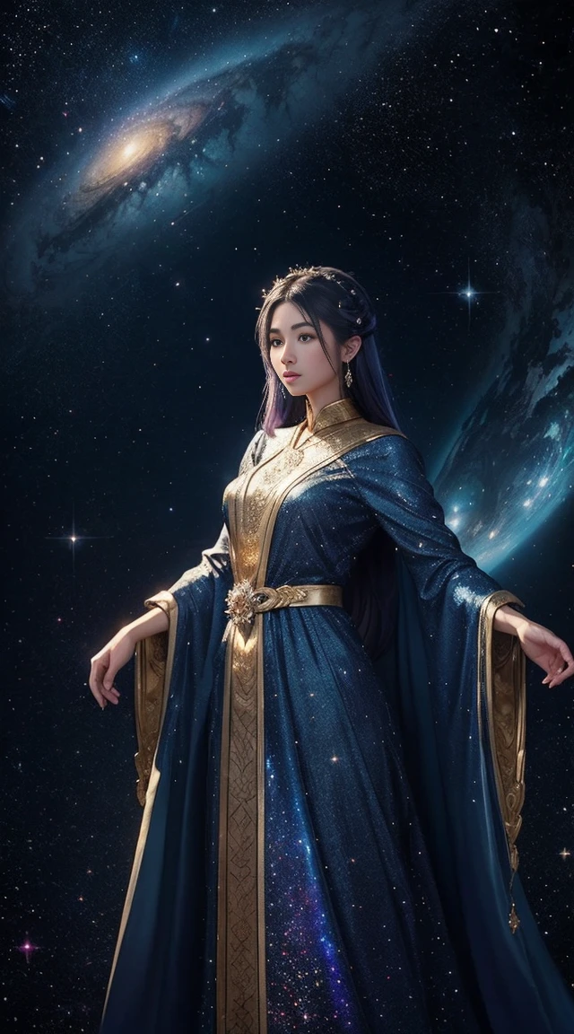 Stunning digital images, Standing, Dynamic pose, 輝かしい生き生きとしたアバターがStandingいる, Emanating a mysterious dignity. This character is、Appears as an elegant young woman with flowing indigo hair。, Adorned with delicate gold jewels that sparkle like stardust. The exquisite details of her glittering outfit, Reminiscent of heavenly clothing, Beautiful flashes of colorful cosmic light make the image stand out., Beautiful symmetry with subtle sparkles, Beautifully depicted in the painting, Characterized by vibrant colors and intricate patterns. The background of the image is、Nebulae and shining stars々The painting depicts a skyscape dotted with。, Add depth and mystery to your scenes. This stunning depiction captivates the viewer., Transporting them to a world where the fantastic and the sublime intertwine