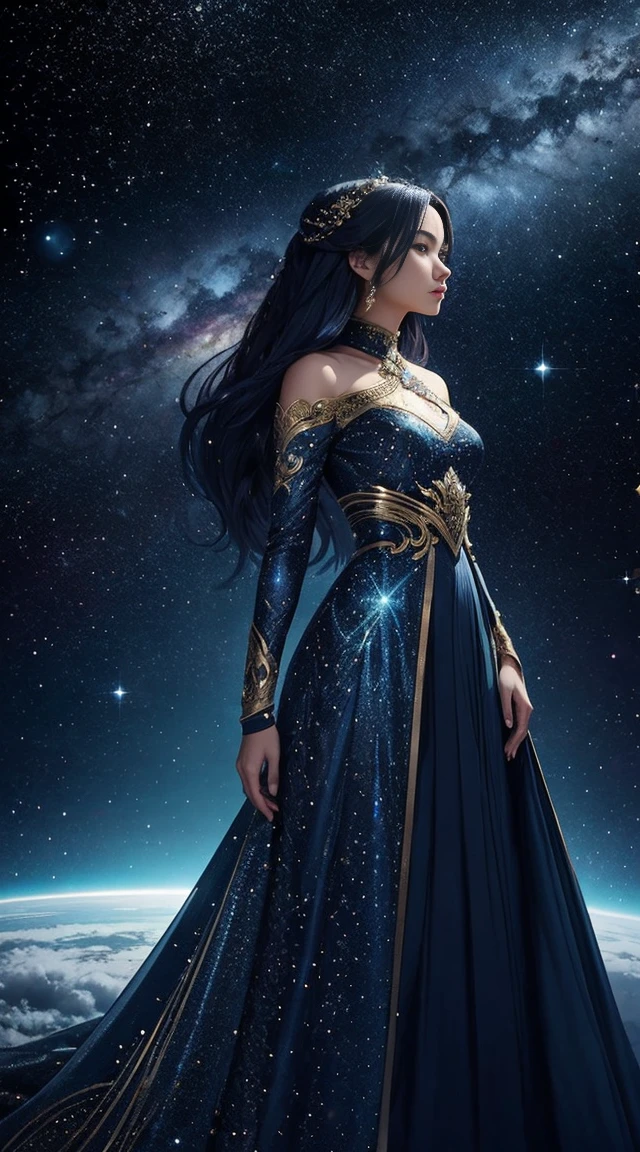 Stunning digital images, Standing, Dynamic pose, 輝かしい生き生きとしたアバターがStandingいる, Emanating a mysterious dignity. This character is、Appears as an elegant young woman with flowing indigo hair。, Adorned with delicate gold jewels that sparkle like stardust. The exquisite details of her glittering outfit, Reminiscent of heavenly clothing, Beautiful flashes of colorful cosmic light make the image stand out., Beautiful symmetry with subtle sparkles, Beautifully depicted in the painting, Characterized by vibrant colors and intricate patterns. The background of the image is、Nebulae and shining stars々The painting depicts a skyscape dotted with。, Add depth and mystery to your scenes. This stunning depiction captivates the viewer., Transporting them to a world where the fantastic and the sublime intertwine