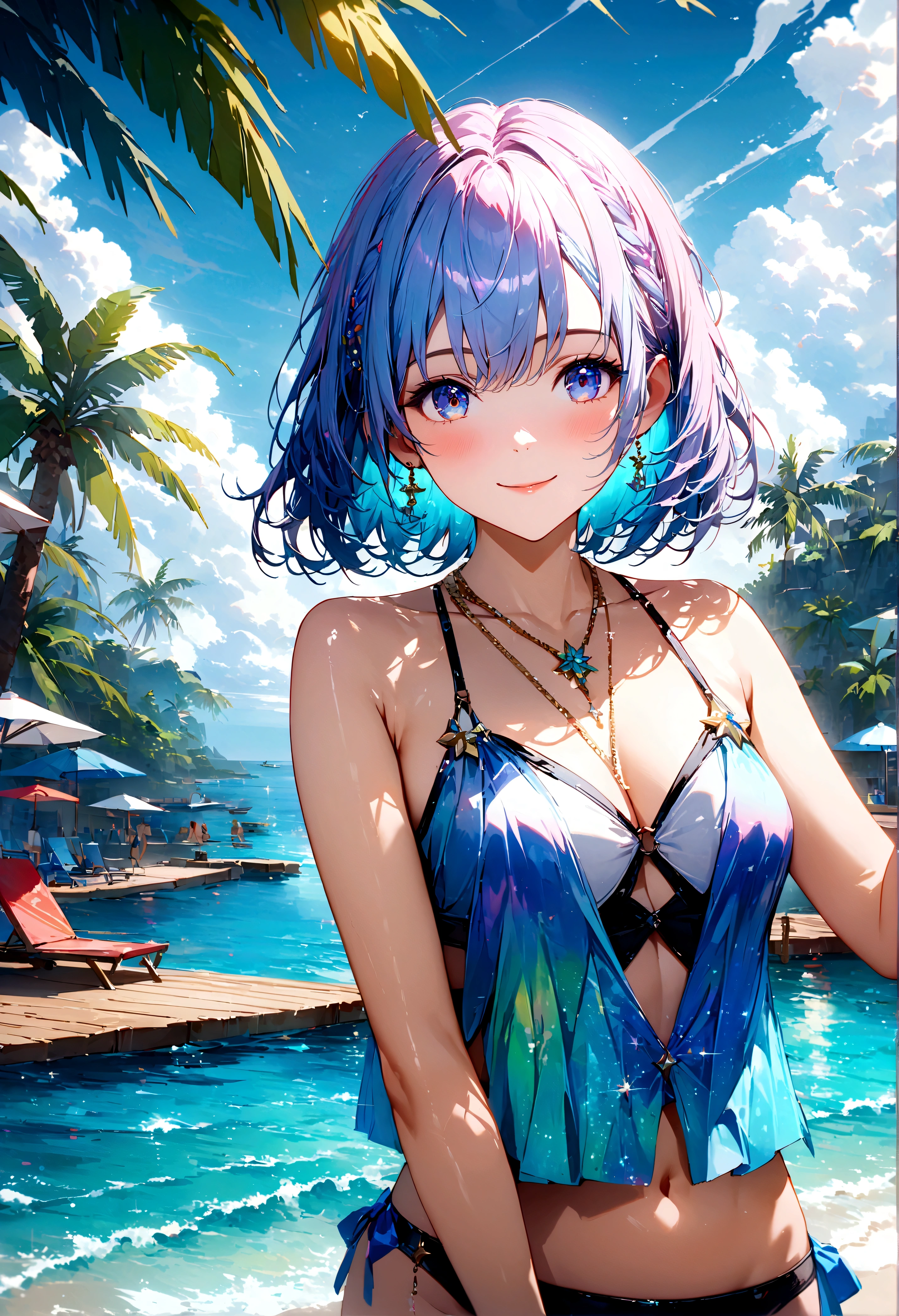 Sparkling sea and tropical ocean, Sunny sky with fluffy white clouds, Palm trees along the coast, Blur the background,Pleasant sea breeze,high school girl,Swimwear,short hair,smile,Glitter effect,Highest quality, 4K, 8K, High resolution, masterpiece:1.2, Very detailed, Realistic:1.37, High resolution, 超High resolution, Ultra-fine painting, Sharp focus, Physically Based Rendering, Very detailedな説明, Professional, Vibrant colors
