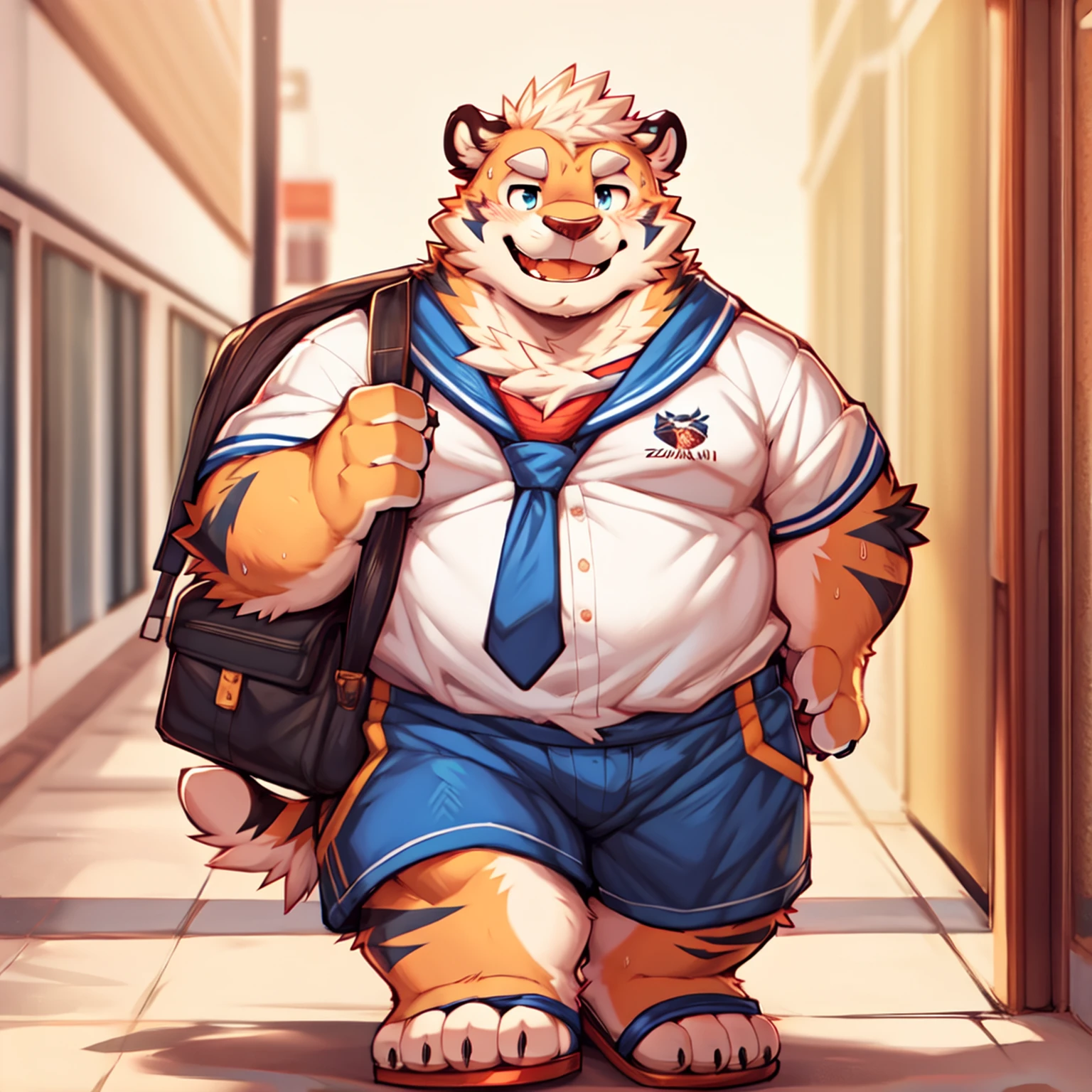 New Jersey 5 Furry,tiger,solitary,fat,(chubby),white eyebrows,blue eyes,(school uniform, tie, shorts, sandals),(white hair:0.8),happy,blush,sweat,school corridor,